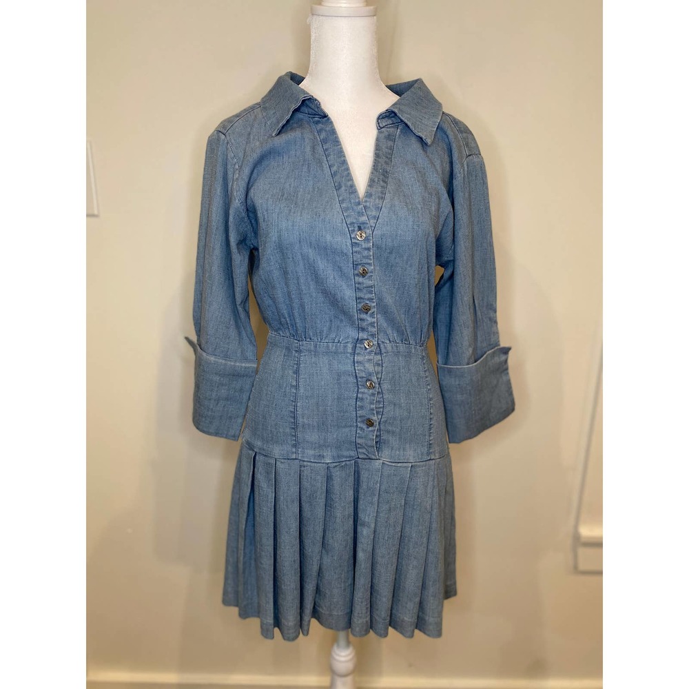 Alice + Olivia Blue Pleated Mini Dress with Notched Collar